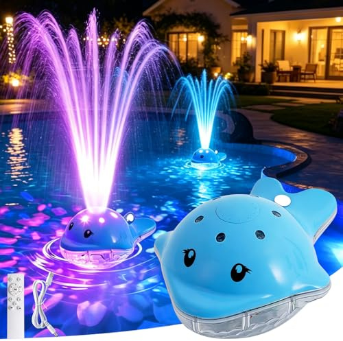 Flotante Fuente para Piscina con Luces Subacuáticas, Fuente de Agua Recargable a Batería con Control Remoto, Temática de Ballena con 2 Modos de Rociado y 12 Espectáculos de Luces