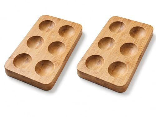 2 x Huevera de Madera de Bambú (6 Huevos) Bandeja Organizadora Rectangular | Nevera y Encimera – Soporte de Diseño Plano para Servir Huevos Rellenos, Crudos y Cocidos – Estilo Rústico Moderno