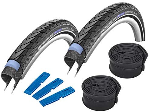 SCHWALBE Marathon Plus Modell 2014 (40-622) 28 x 1,5 Zoll, Set: 2 x Fahrradreifen für Trekking- Crossbike + 2 x Schläuche AV 17 mit Autoventil