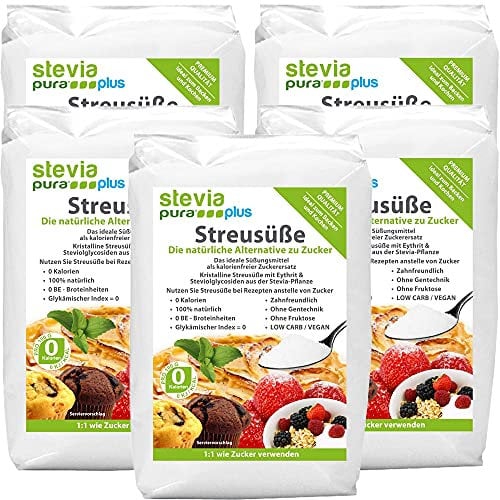 Streusüße | steviapuraPlus 100% Natürlicher Zuckerersatz Erythrit + Stevia 1:1 | 1g = 1g Zucker | 0 Kalorien - 0 Glykämischer Index - Kein GVO | 5kg