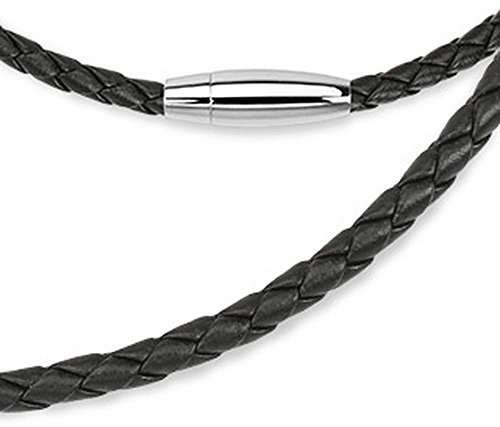 Bungsa Lederhalskette schwarz gewebt mit ovalem Magnetverschluss für Damen 4mm breit / 50 cm lang (Damenkette Herrenkette Necklace Herren Frauen Männer Schmuck)