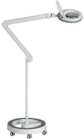Lumeno LED Lupenleuchte 7213GR Lupenlampe mit 127 mm Echtglaslinse, Arbeitsplatzlampe, Kosmetiklampe, geeignet für Kosmetik, Bastler, Lesehilfe Vergrößerungslampe, 3 Dioptrien Grau mit Rollstativ