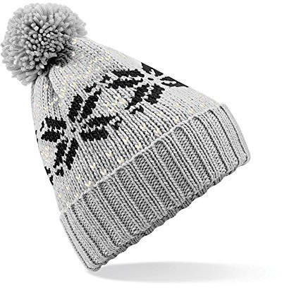 Beechfield Wintermütze Schneeflocken „Fair Isle“, Unisex Gr. Einheitsgröße, Hellgrau / Schwarz / Off-White