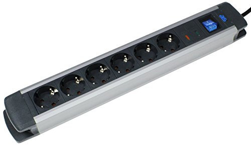 as – Schwabe 6-Fach Steckdosenleiste ALUX schwarz - Mehrfachstecker mit 1,5 m Leitung - Überspannungsschutz - stabiles Aluminiumgehäuse - beleuchteter Schalter - Wandmontage - IP20, 18366
