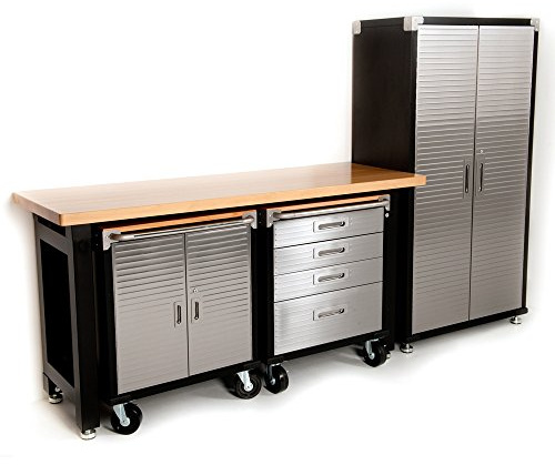 Seville Classics HD 4 Piece Standard Garage Storage System Timber Workbench and Steel Upright Cabinet