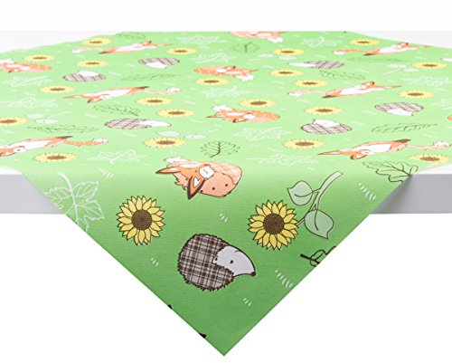 Sovie Home Tischdecke Florian in GRÜN aus Linclass Airlaid, 80 x 80cm, 1 Stück, Herbstdesign Füchse Igel Sonnenblumen Verspieltes Motiv, stoffähnliche Einweg-Mitteldecke
