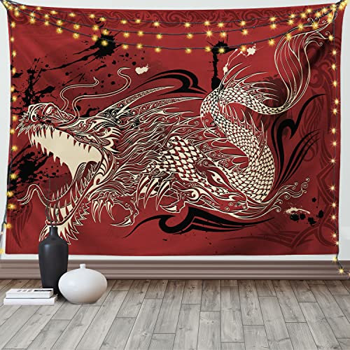 ABAKUHAUS orientalisch Wandteppich, Japanische Drachen Doodle aus Weiches Mikrofaser Stoff Waschbar ohne Verblassen Digitaldruck, 150 x 110 cm, Rot Beige