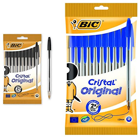 BIC 830864 Kugelschreiber Cristal Medium, 10 Kulis in Schwarz, Strichstärke 0,4 mm, Dokumentenechte Tinte & Kugelschreiber Set Cristal Original, in Blau, Strichstärke 1 mm, 10er Pack
