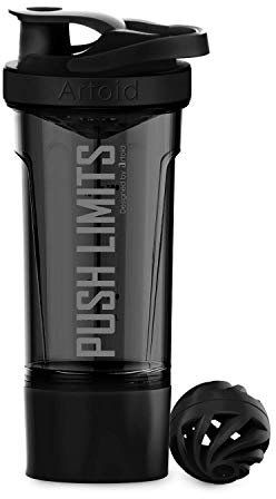 Artoid Mode 720ml Sports Fitness Workout Protein Shaker Bottle Black Grey with Twist and Lock Protein Box Storage, Dual Mixing Technology with Shaker Balls & Mixing Grids - BPA Free