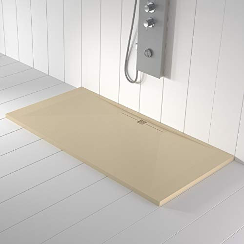 Piatto doccia in marmoresina, colore crema RAL1015, scarico laterale, superficie ad effetto pietra ardesia, serie Nizza, slim 3 cm, rivestito di Gelcoat, antiscivolo
