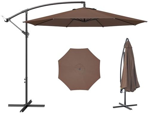 Outsunny Ampelschirm Ø300 cm neigbar Sonnenschirm mit UV-Schutz Kurbelschirm mit Ständer, Kurbelvorrichtung, Marktschirm Gartenschirm Sonnenschutz für Balkon Garten Terrasse Kaffee