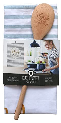 Dekohelden24 (15!!!) Geschenkset - Geschirrtuch aus 100% Baumwolle und Kochlöffel aus Buchenholz mit Spruch -, Motiv: Meer Macht Glücklich.