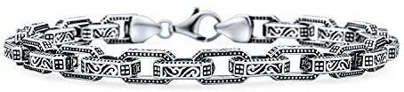 Bling Jewelry Men'S Unisex Thick Schwer Byzantine Scroll Design Chunky Strong Rechteck Link Chain Bracelet For Men Oxidized .925 Sterling Silver Hergestellt In Turkey 7.5 Inch