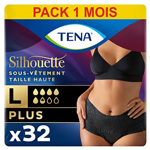 TENA Silhouette Plus Taille Haute - Sous-Vêtements Absorbants Jetables Incontience Femme - Post-Accouchement - pour Fuites Urinaires Modérées à Fortes - Noir - Taille L - 32 Culottes (Pack 1 Mois)