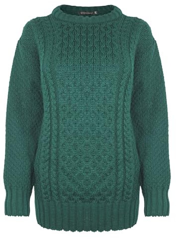 Generation Fashion New Ladies Women Aran Knit Long Sleeve Crew Neck Knitted Cable Jumper Sweater Pullover Top 8-30 (Bottle Green, S-M)