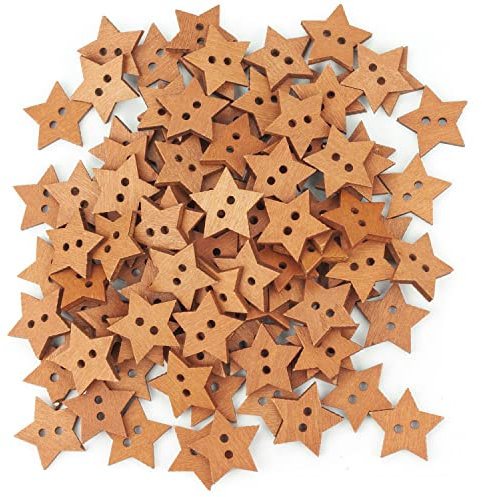 100 Knöpfe aus Holz in Stern-Form, in braun natur, mit 2 Löcher, Größe: je 20 mm Durchmesser