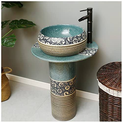 EXTLEZSA Waschbecken Säule Keramik Waschbecken gäste wc Aufsatzwaschbecken oval Standwaschbecken Saule Für Bar Restaurant Coffee Shop (3 Teiliges Set,Blau)
