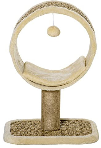 PawHut Árbol para Gatos 40x30x56 cm Ø32cm Rascador de Gato con Túnel Superior Poste Rascador de Yute Natural Beige