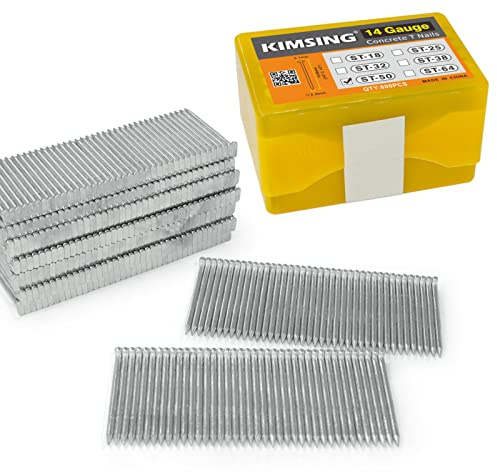 KIMSING ST50 - Chiodi a T per calcestruzzo calibro 14, 800 pezzi/scatola, chiodi a T da 50 mm per capriate, inquadratura edilizia e chiodatura in calcestruzzo
