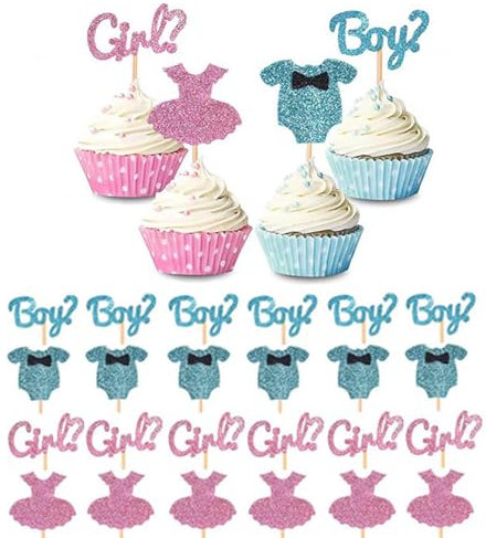 PINEPAN Junge oder Mädchen Cupcake Toppers Glitter Blau und Rosa Junge oder Mädchen Gender Reveal Tortendekoration für Baby Shower 24 Stück
