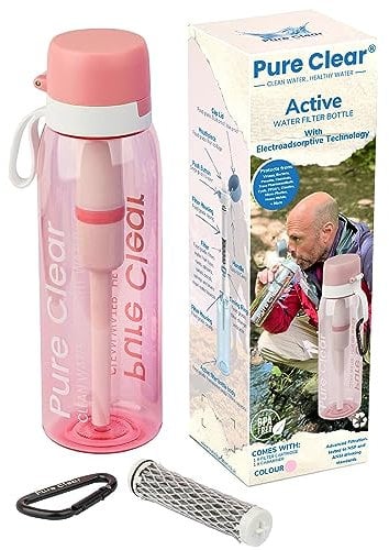 Pure Clear Filter Water Bottle - 769ml - Water Filter Bottle with Electro-Adsorptive Tech to Remove Viruses, Bacteria, Parasites & More - Filtered Water Bottle For Travelling, Gym & Outdoors - Pink
