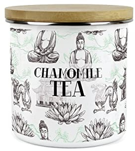 Purely Home Asian Scenes Chamomile Tea Canister - White Metal Enamel Kitchen Food Storage Container