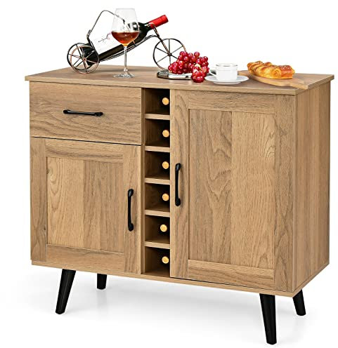COSTWAY Credenza Buffet Mid Century, Cantinetta Porta bottiglie da 6 Vini, con Cassetto Estraibile e Ripiani Regolabili, Mobile Bar da Cucina e Soggiorno, 90 x 40 x 79 cm, Naturale