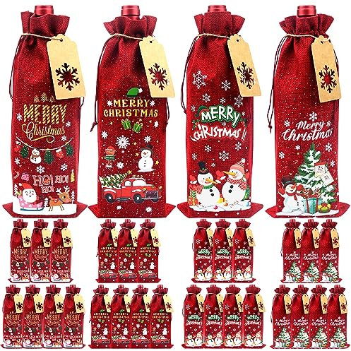 Ywediim 32 PCS Sacs à Vin en Toile de Jute Sacs Cadeaux de Vin Noël - Couvertures de Bouteilles de Vin de Noël Réutilisables pour Noël, Anniversaire, Fête de Vacances, Décorations de Table