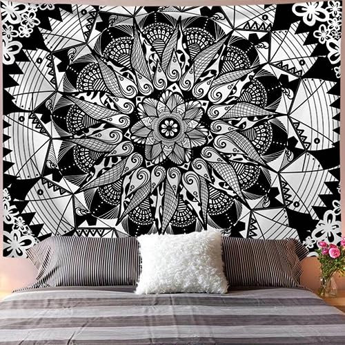 Arawat Wandteppich Mandala Schwarz Weiss Wandtuch Mandala Tapestry Gothic Wand Deko Wandteppich Aesthetic Mandal Wandteppiche Bohemian Wanddeko Mandala Wandbehang Boho Zimmer Deko (130 x 150cm)