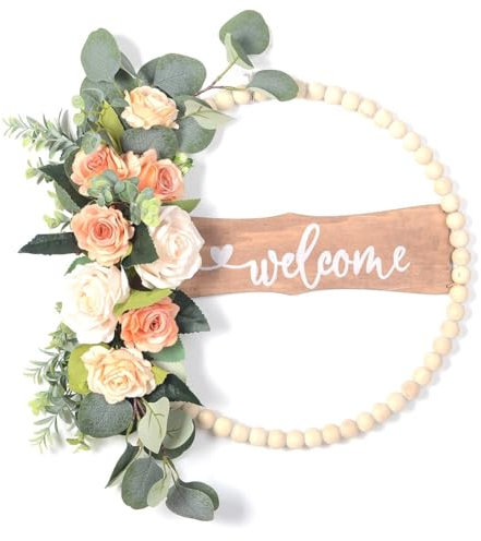Yuemsh Welcome Sign Farmhouse Door Decoration for Front Door, Wood Beads and Eucalyptus Wreath, Indoor Outdoor All Seasons Floral Wreath