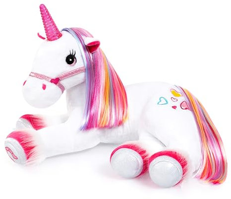 Bayer Design 69536AA Plüsch Einhorn mit Licht, Sound, Funktion, Stofftier, Kuscheltier, Regenbogen Haare, Weiß