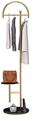 Floor-Standing Drying Rack with Round Marble Base and Metal Shelf,Single-Rod Display Stand for Coats,Bags,Green Plants (Gold)