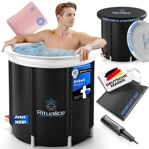 Ritualice® Premium Eisbad XL (80 cm Ø) TESTSIEGER - Eistonne Set mit Deckel und Stoffbezug - Eisbaden ideal für Kryotherapie und Regeneration - Eisfass mit 5-Facher Isolierung