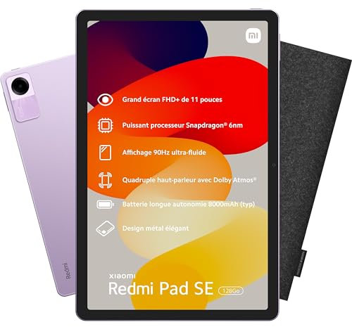 Xiaomi Tablette Pad SE 128 + Etui Feutrine, Chargeur Rapide Inclus, écran 11, Batterie 8000 mAh, Caméra arrière de 8MP, Violet Lavande