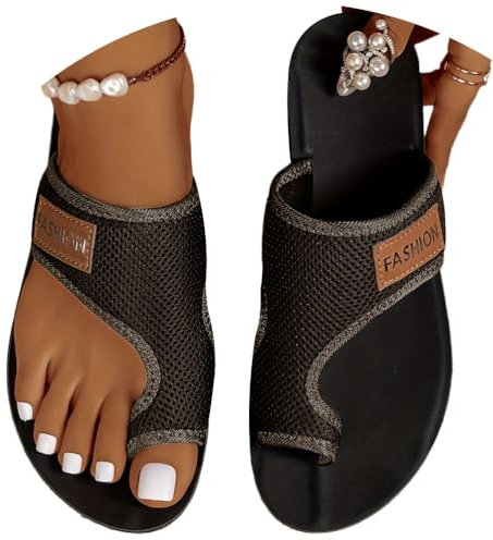 Onsoyours Sandales Plates Femme Été Hallux Valgus Tongs Confortable Maille Nu Pieds Bout Ouvert Chaussures Vintage Sandales Pantoufles de Plage Vacances Slippers A Café 38 EU