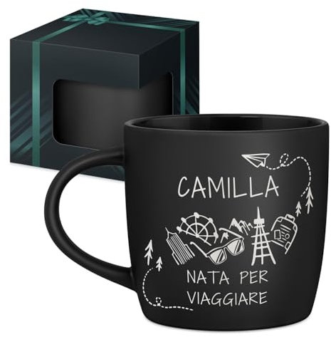 Maverton Tazza da caffè latte o tè in ceramica - 400 ml - Incisione personalizzata - Bicchiere con manico per bevande per Lei - Tazze da colazione per compleanno donna - Interno nero - viaggiatrice