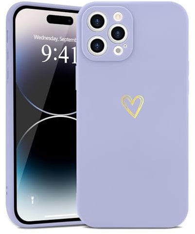 Wirvyuer for iPhone 14 Pro Case with Cute Heart Pattern Soft Shockproof Protective Silicone Phone Case for Women Girls,Lilac Purple