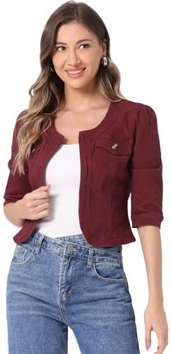 Allegra K Women's Short Denim Jacket Collarless 3/4 Sleeve Jean Jackets Purple Red M