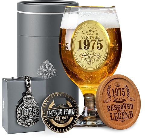 CROWNLY CRYSTAL® 1975 50th Birthday Men Personalised Beer Glasses Dad, Grandad & Uncle Gifts