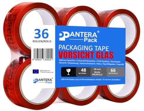 Pantera Pack Paketband Vorsicht Glas zerbrechlich 5cm x 66m in rot (36 Rollen) Vorsicht Glas Paketband 48my extra stark Klebeband für fragile und zerbrechliches Glas Paketklebeband als Rollenset