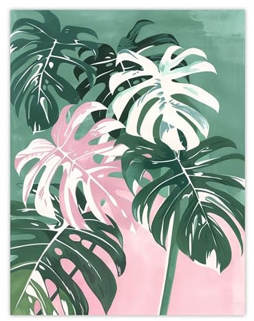 Artery8 Plant Lover Monstera Leaves Green Pink Botanical Living Room Extra Large XL Wall Art Poster Print