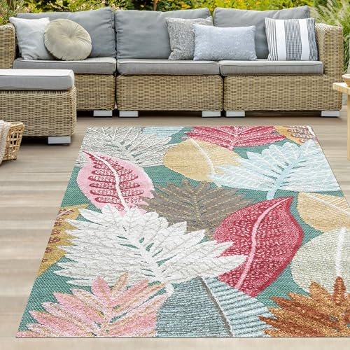 Teppich-Traum In- & Outdoor Teppich Blättermuster Türkis Bunt 140x200 cm