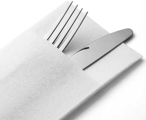 100 (4 Packs of 25) Thick, Soft and Absorbent Linen Feel Airlaid Paper White Pre-Folded Cutlery Pocket Napkins