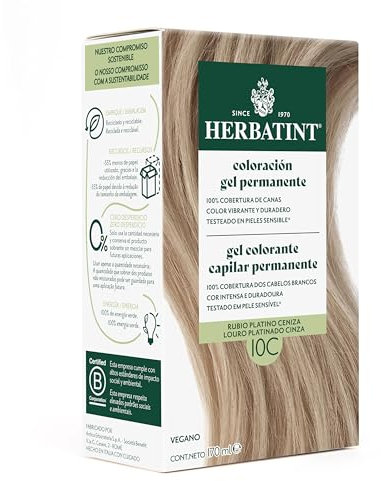 Herbatint Coloración Gel Permanente para Cabello 10C Rubio Platino Ceniza - 170 ml | Sin Amoniaco, Cobertura Óptima de Canas | para Pieles Sensibles, con 8 Extractos Naturales Bio