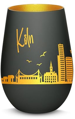 Gravur-Max Windlicht mit 360° Gravur Skyline Köln Deko Glaslicht als tolles Geschenk mit Einer hochwertigen Lasergravur zu jedem Anlass in der Farbe Schwarz/Gold