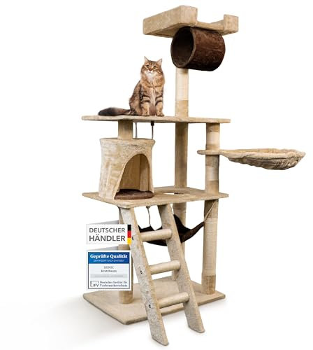 Foxdevil by xonic® Stabiler Kratzbaum für Katzen - Vielseitiger Katzenkratzbaum mit Aussichtsplattform, Hängematte, Kuschelhöhle, Spielkordel, Treppe – 141 cm Hoch – (Beige/Braun V1)