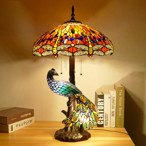 BOTOWI Pfauen Tiffany Tischlampe, Buntglas Nachttischlampe W18 X H31 Zoll Retro Libelle Schreibtischlampe für Schlafzimmer Wohnzimmer Haus Büro,Orange