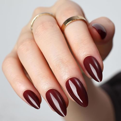 Almond False Nails Medium, 30Pcs Wine Red French Tip Press on Nails Glossy Pure Color Gel Fake Nails, Natural Burgundy Full Cover Acrylic Oval Reusable for Women and Girls (Wine Red)