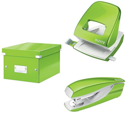 Leitz Set Click & Store Aufbewahrungsbox mit Deckel Klein mit Locher und Heftgerät für 30 Blatt, Box für Unterlagen bis A5 im Büro u. Haushalt, WOW Serie, Grün, 60430054 + 50081054 + 55021054
