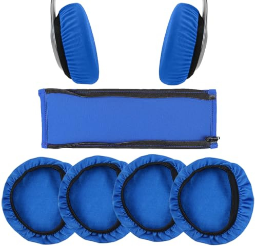 4 Pcs Housses Casque + 1 Pcs Housse de Serre-tête de Casque, Coussinets d'Oreilles pour Casque Lavables, Housse de Bandeau Casque Audio, Protection contre la Sueur, pour Ecouteur 9-11 cm (Bleu)